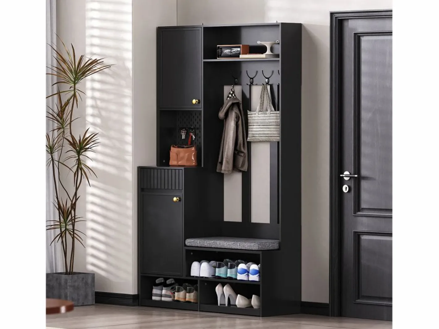 Mueble de recibidor con banco, perchero, estantes y cajones, 4 ganchos, 1 puerta, blanco, (100x35x180 cm)^ Sale