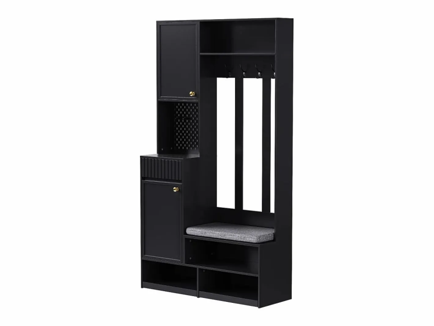 Mueble de recibidor con banco, perchero, estantes y cajones, 4 ganchos, 1 puerta, blanco, (100x35x180 cm)^ Sale