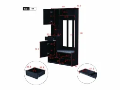 Mueble de recibidor con banco, perchero, estantes y cajones, 4 ganchos, 1 puerta, blanco, (100x35x180 cm)^ Sale