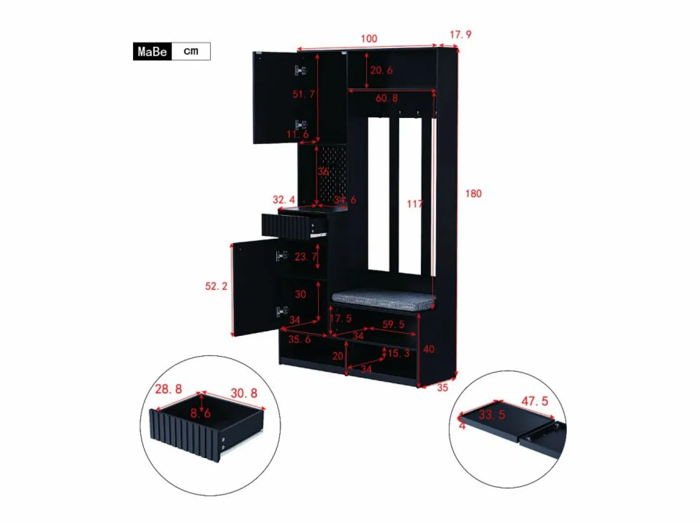 Mueble de recibidor con banco, perchero, estantes y cajones, 4 ganchos, 1 puerta, blanco, (100x35x180 cm)^ Sale