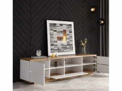 Mueble de televisión escandinavo contemporáneo de 180 cm en madera - 5 puertas + 8 compartimentos - Natural y blanco^ModernLuxe