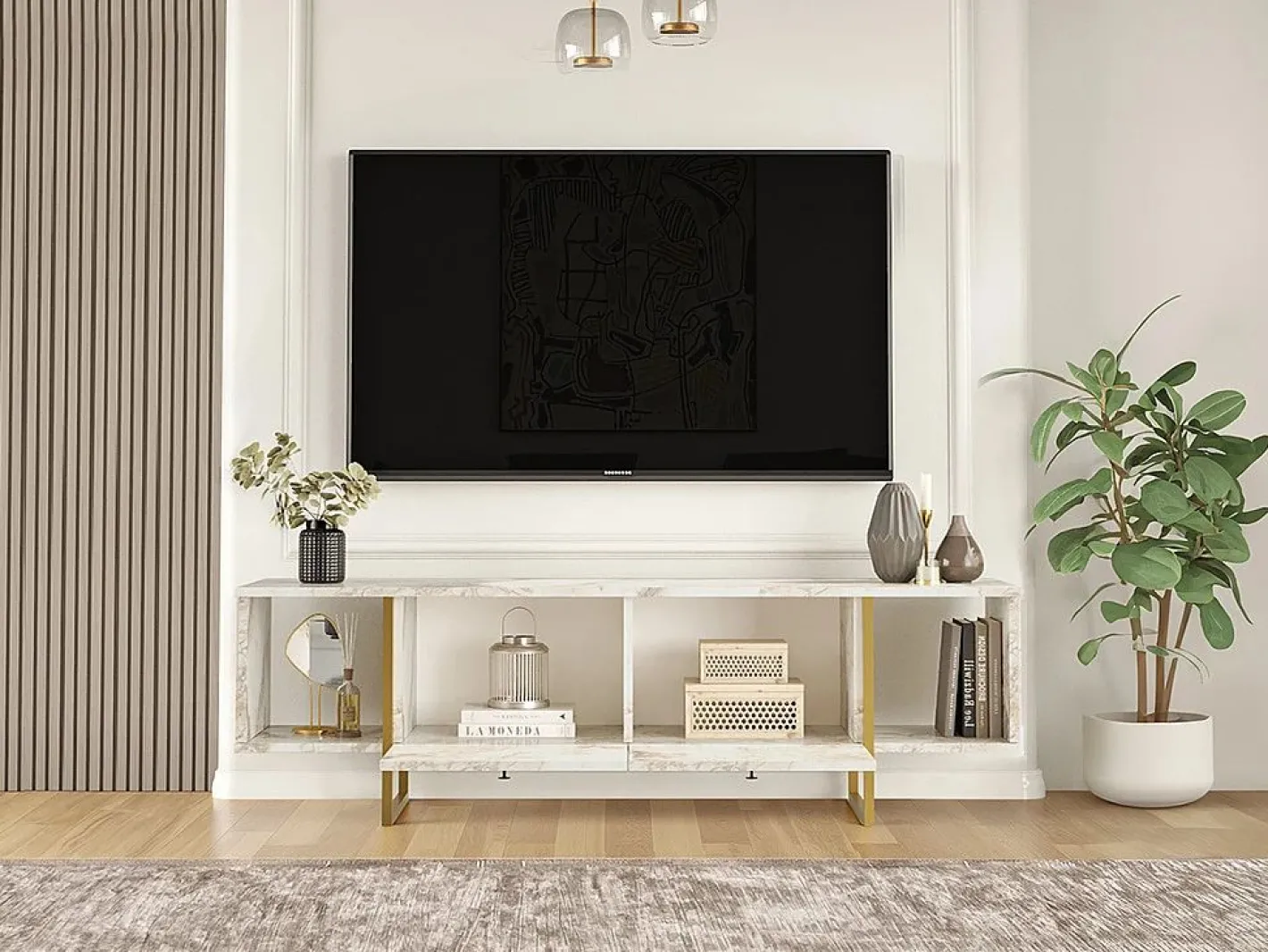 Mueble de TV 2 puertas y 2 estantes - Efecto mármol y dorado - DERANA^Vente-unique Best
