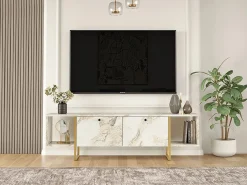 Mueble de TV 2 puertas y 2 estantes - Efecto mármol y dorado - DERANA^Vente-unique Best