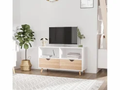 Mueble de TV de 99 cm con cajón y 2 estantes, mueble de TV moderno para salón Blanco Sale