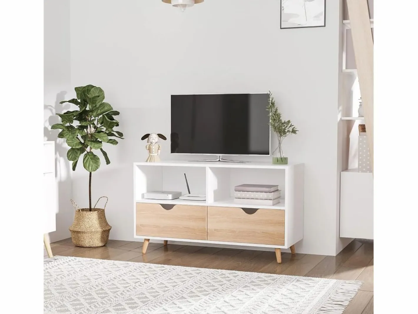Mueble de TV de 99 cm con cajón y 2 estantes, mueble de TV moderno para salón Blanco Sale