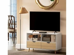 Mueble de TV de 99 cm con cajón y 2 estantes, mueble de TV moderno para salón Blanco Sale