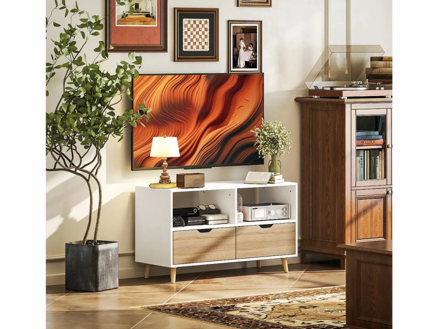 Mueble de TV de 99 cm con cajón y 2 estantes, mueble de TV moderno para salón Blanco Sale