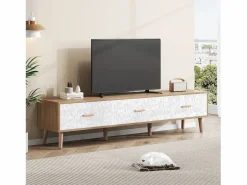 Merax Mueble de TV con 3 cajones - 150 x 35 x 39 cm - Tablero de partículas - para salón - y madera Blanco