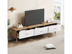 Merax Mueble de TV con 3 cajones - 150 x 35 x 39 cm - Tablero de partículas - para salón - y madera Blanco