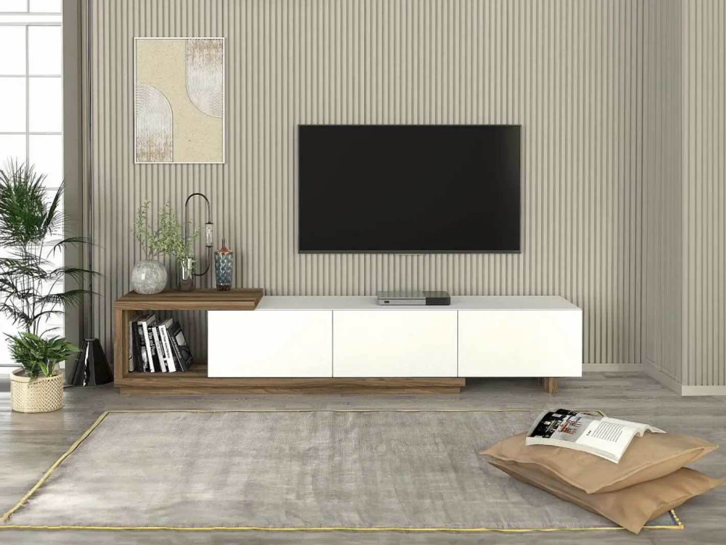 Vente-unique Mueble de TV con 3 cajones y 1 estante - Blanco y natural - DUKIAN Color natural claro / Blanco Outlet