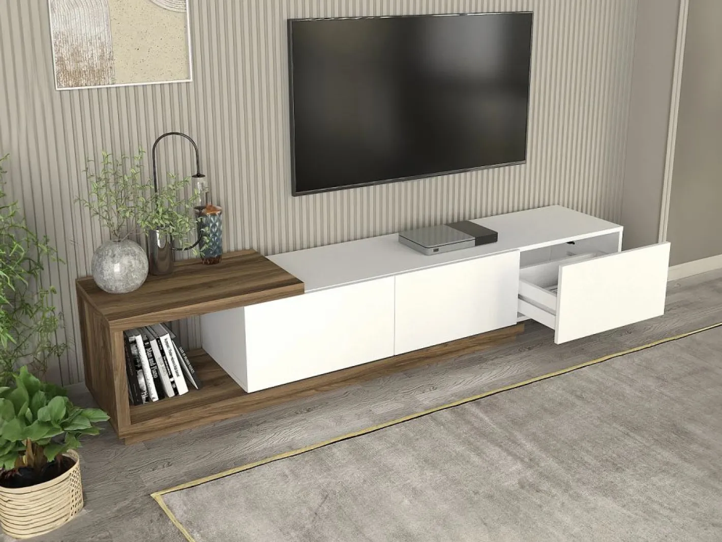 Vente-unique Mueble de TV con 3 cajones y 1 estante - Blanco y natural - DUKIAN Color natural claro / Blanco Outlet