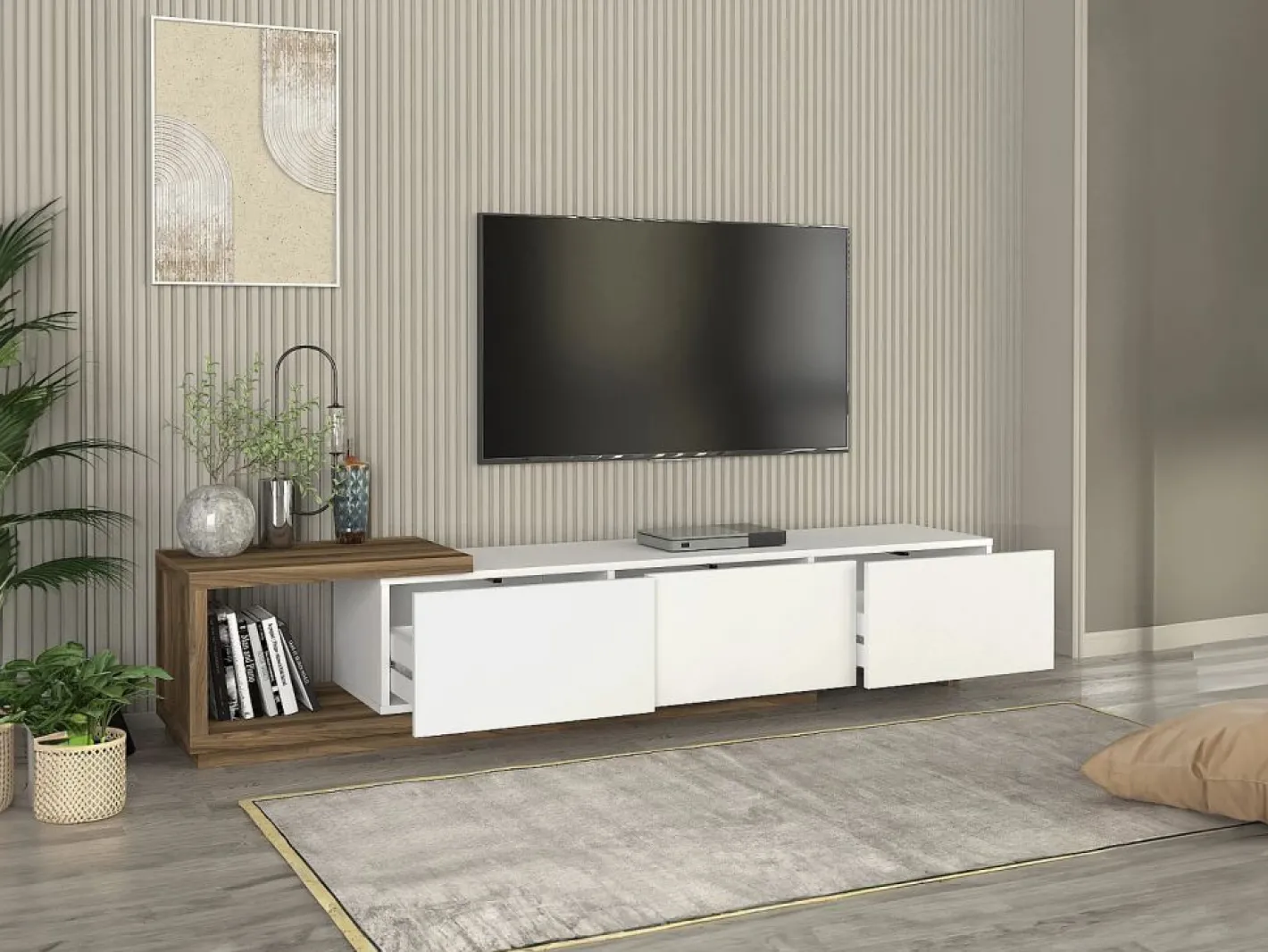Vente-unique Mueble de TV con 3 cajones y 1 estante - Blanco y natural - DUKIAN Color natural claro / Blanco Outlet