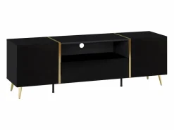 Vente-unique Mueble de TV con 2 puertas, 1 cajón y 1 estante - Negro brillante y dorado - MARZIALO Negro / Dorado Discount