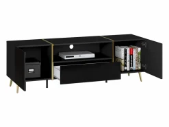 Vente-unique Mueble de TV con 2 puertas, 1 cajón y 1 estante - Negro brillante y dorado - MARZIALO Negro / Dorado Discount