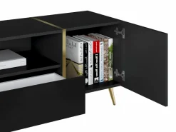 Vente-unique Mueble de TV con 2 puertas, 1 cajón y 1 estante - Negro brillante y dorado - MARZIALO Negro / Dorado Discount
