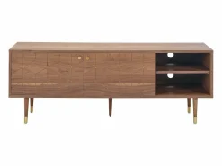 Mueble de TV con 2 puertas y 2 estantes abiertos, chapa de nogal - Natural oscuro y dorado - PARIOMA^Vente-unique Clearance