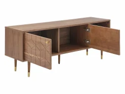 Mueble de TV con 2 puertas y 2 estantes abiertos, chapa de nogal - Natural oscuro y dorado - PARIOMA^Vente-unique Clearance