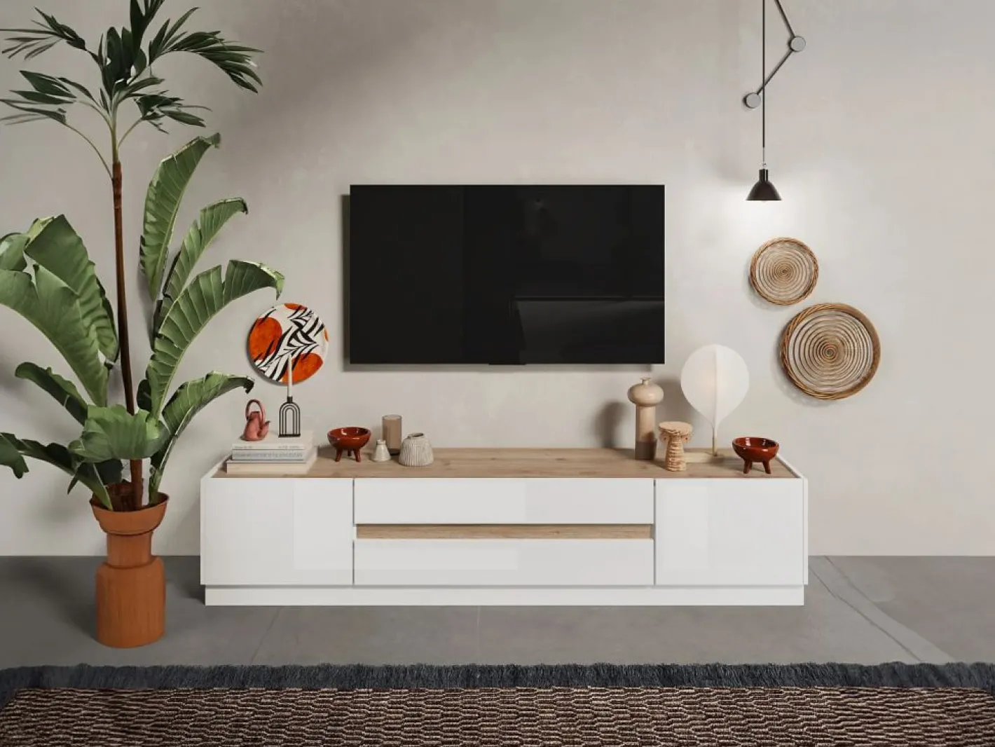 Vente-unique Mueble de TV con 2 puertas y 2 cajones - Blanco y Natural - EMORA Color natural claro / Blanco Best