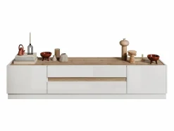 Vente-unique Mueble de TV con 2 puertas y 2 cajones - Blanco y Natural - EMORA Color natural claro / Blanco Best