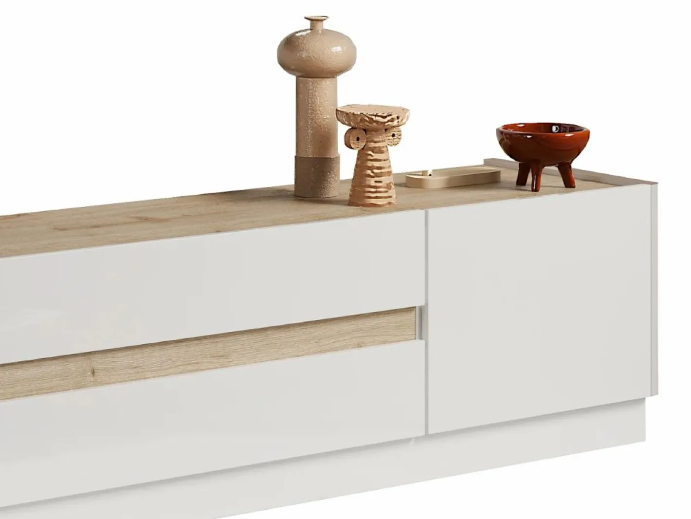 Vente-unique Mueble de TV con 2 puertas y 2 cajones - Blanco y Natural - EMORA Color natural claro / Blanco Best