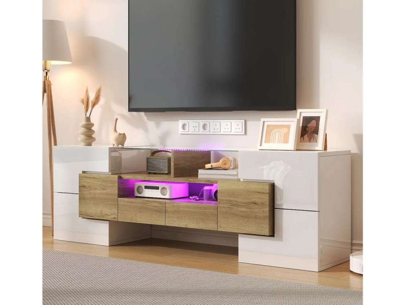 Merax Mueble de TV con 4 puertas y 2 cajones - 145 x 30 x 51 cm - LEDs - Tablero de partículas - +Oro Blanco Online