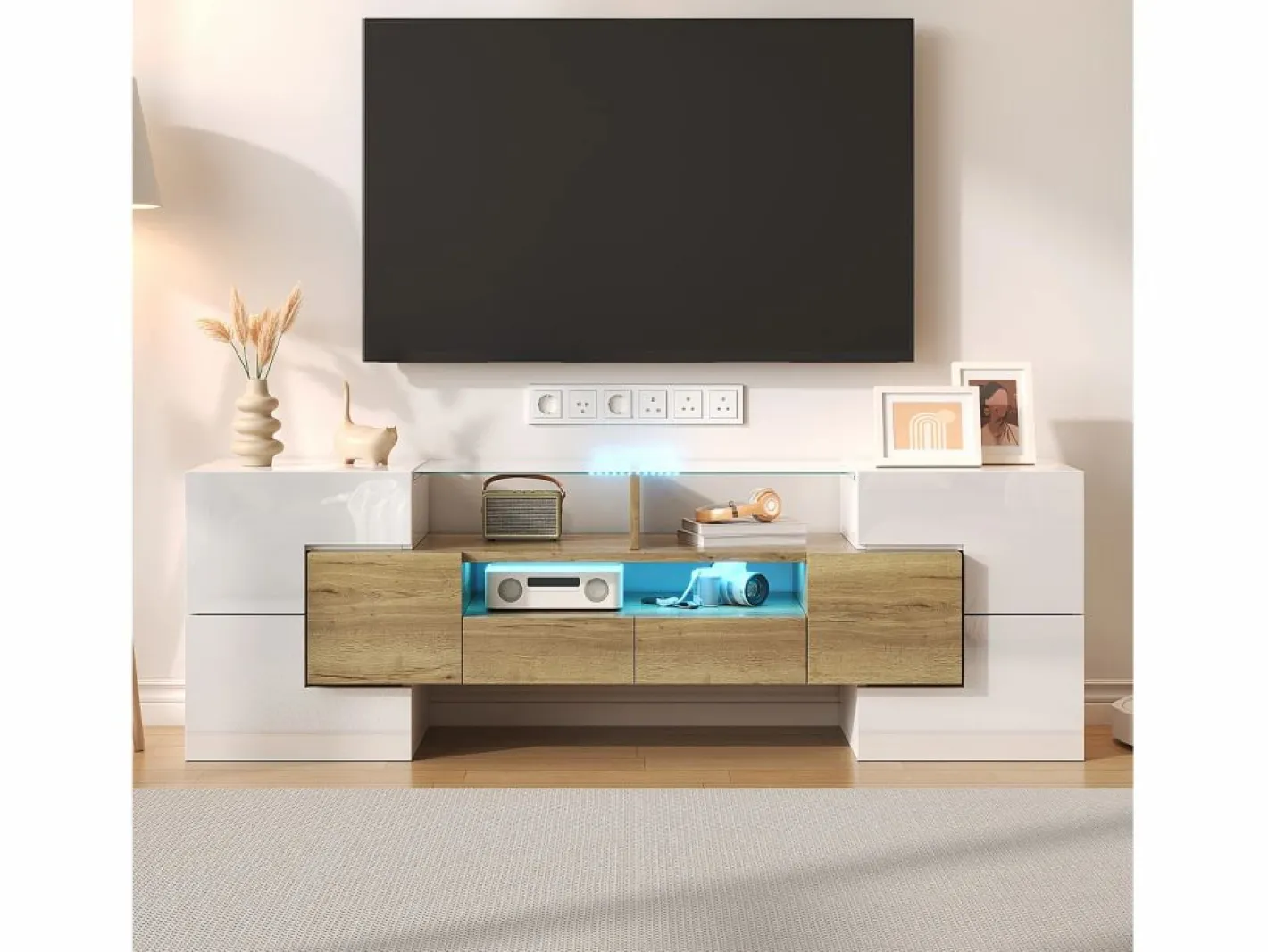 Merax Mueble de TV con 4 puertas y 2 cajones - 145 x 30 x 51 cm - LEDs - Tablero de partículas - +Oro Blanco Online