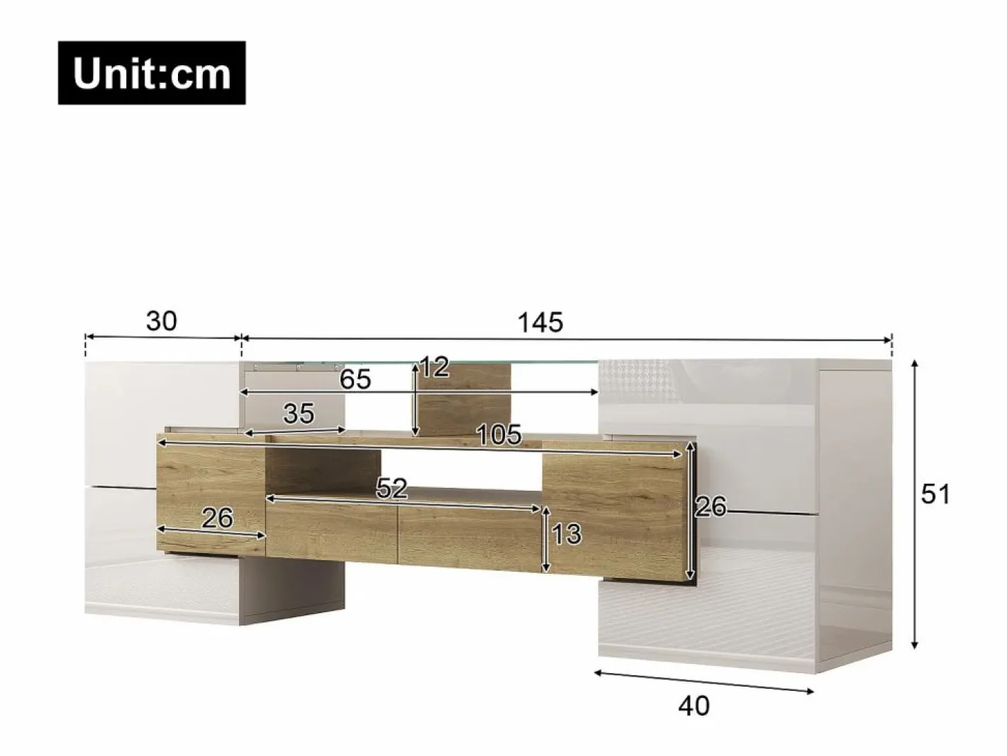 Merax Mueble de TV con 4 puertas y 2 cajones - 145 x 30 x 51 cm - LEDs - Tablero de partículas - +Oro Blanco Online