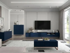 Mueble de TV con 7 puertas y hueco abierto – estructura marino mate, frentes acanalados marino mate – 300 cm, marco de metal^ Sale