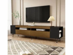 Merax Mueble de TV con 2 puertas y nichos laterales - 180 x 36 x 43 cm - LED - MDF y tablero de partículas - + natural Negro Clearance