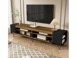 Merax Mueble de TV con 2 puertas y nichos laterales - 180 x 36 x 43 cm - LED - MDF y tablero de partículas - + natural Negro Clearance