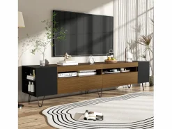 Merax Mueble de TV con 2 puertas y nichos laterales - 180 x 36 x 43 cm - LED - MDF y tablero de partículas - + natural Negro Clearance