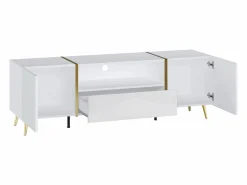 Vente-unique Mueble Tv|Mueble de TV con 2 puertas, 1 cajón y 1 estante - Blanco brillo y dorado - MARZIALO
