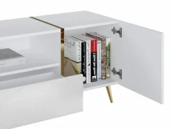 Vente-unique Mueble Tv|Mueble de TV con 2 puertas, 1 cajón y 1 estante - Blanco brillo y dorado - MARZIALO