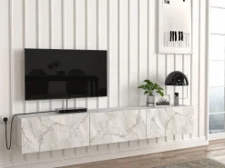 Vente-unique Mueble Tv|Mueble de TV de pared con 3 puertas - Efecto mármol - VIKILA