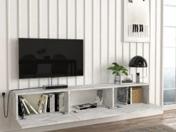 Vente-unique Mueble Tv|Mueble de TV de pared con 3 puertas - Efecto mármol - VIKILA