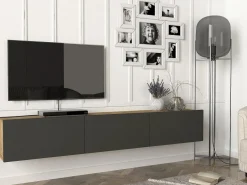 Vente-unique Mueble de TV de pared con 3 puertas - Antracita y Natural Claro - VIKILA Gris antracita / Color natural claro Best