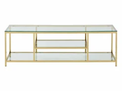 Vente-unique Mueble de TV en vidrio templado y acero inoxidable - Transparente y Dorado - RIMALI Transparente / Dorado Discount