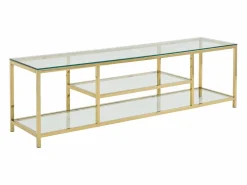 Vente-unique Mueble de TV en vidrio templado y acero inoxidable - Transparente y Dorado - RIMALI Transparente / Dorado Discount