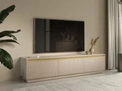 Vente-unique Mueble Tv|Mueble de TV flotante o de pie con 3 puertas de MDF - y Dorado - POSINIA