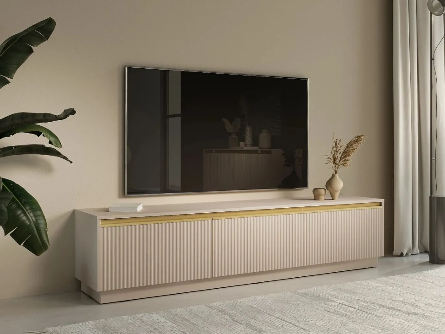 Vente-unique Mueble Tv|Mueble de TV flotante o de pie con 3 puertas de MDF - y Dorado - POSINIA