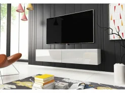 Mueble de TV moderno 140 cm para salón – 2 puertas sin tiradores, cuerpo mate / frentes brillo, de pie o colgante Blanco Outlet