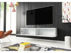 Mueble de TV moderno 140 cm para salón – 2 puertas sin tiradores, cuerpo mate / frentes brillo, de pie o colgante Blanco Outlet