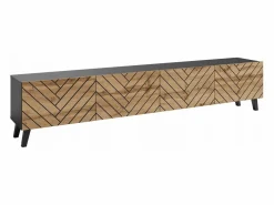 Mueble Tv|Mueble de TV moderno de 190 cm grafito /roble wotan con patas para salón, frentes MDF fresados en espiga