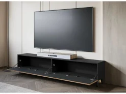 Mueble Tv|Mueble de TV moderno de 190 cm grafito /roble wotan con patas para salón, frentes MDF fresados en espiga