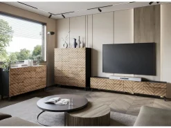Mueble Tv|Mueble de TV moderno de 190 cm grafito /roble wotan con patas para salón, frentes MDF fresados en espiga
