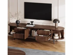Mueble de TV ovalado con rayas verticales - 180 x 40 x 45 cm - con 4 cajones + 2 puertas correderas - MDF - nogal oscuro^Merax New