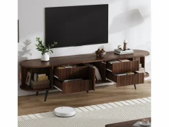 Mueble de TV ovalado con rayas verticales - 180 x 40 x 45 cm - con 4 cajones + 2 puertas correderas - MDF - nogal oscuro^Merax New