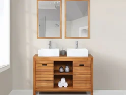 Vente-unique Conjunto De Baño|Mueble doble lavabo de madera de acacia - 130 cm - 2 espejos 90 x 60 cm - PULUKAN