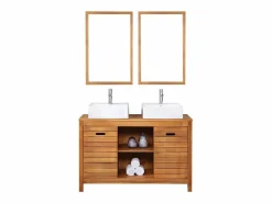 Vente-unique Conjunto De Baño|Mueble doble lavabo de madera de acacia - 130 cm - 2 espejos 90 x 60 cm - PULUKAN
