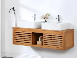 Vente-unique Mueble doble lavabo de madera de acacia - Mueble de baño - 130 cm - PENEBEL Color natural oscuro Outlet